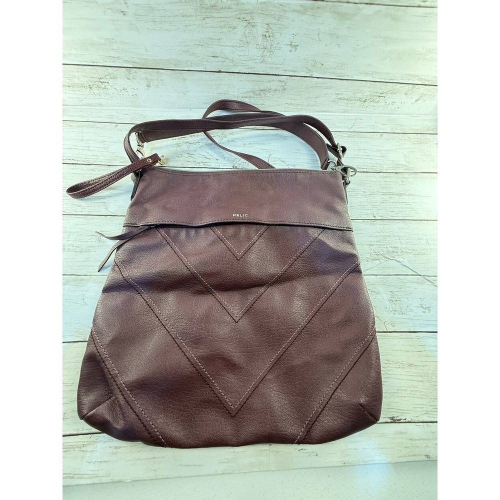 Relic Burgundy Plum Faux Leather Chevron Stitch Crossbody Bag Adjustable Strap